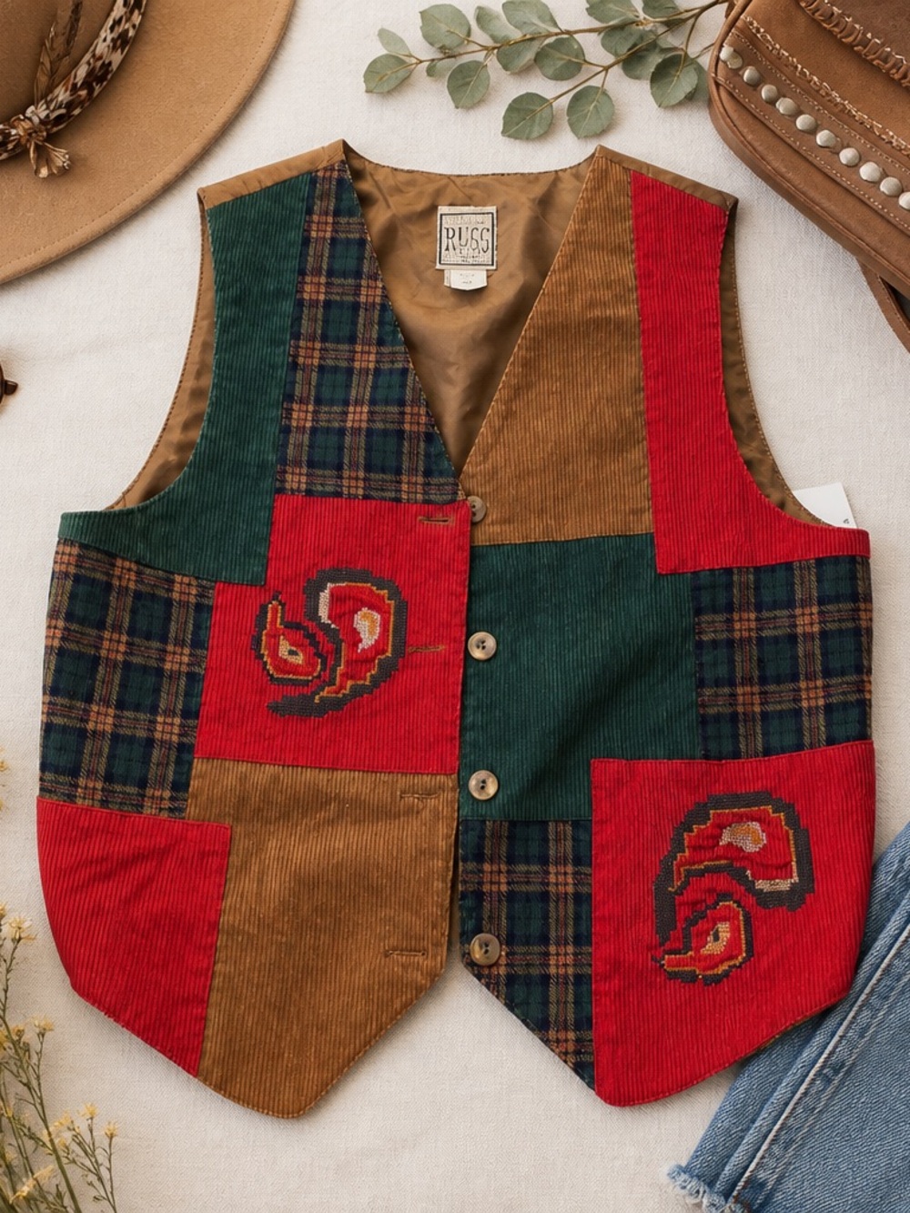 Vintage 90s Corduroy Paisley Vest Large Boho Cottagecore Academia Layering Waist